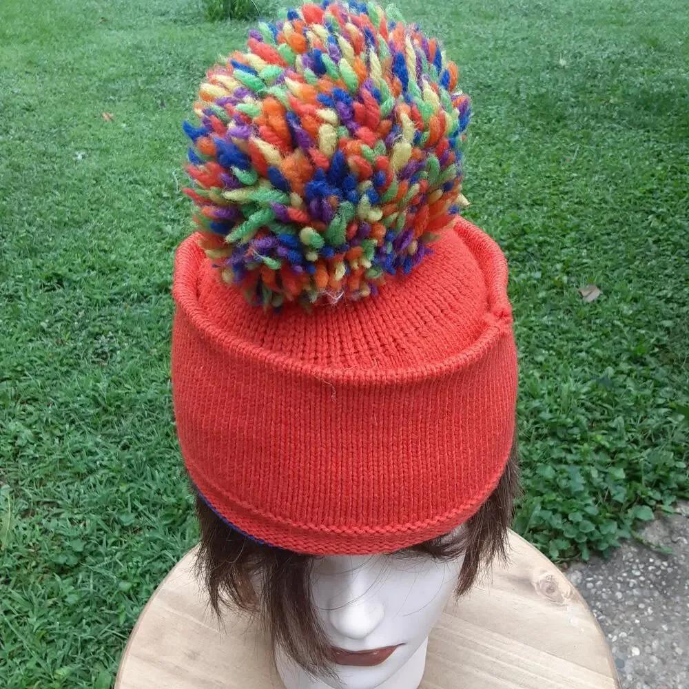 CB Pom Pom Knit Toboggan Stripes Orange/Vibrant Colors Distressed small
